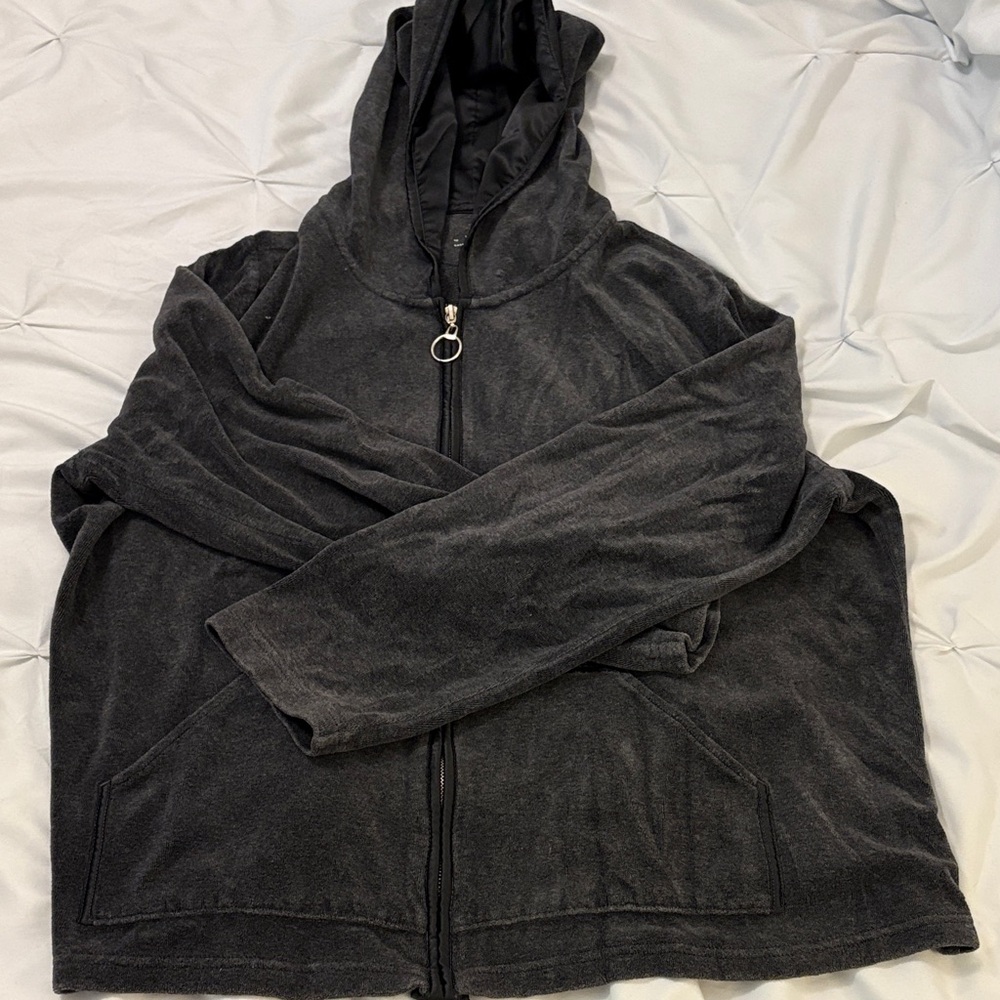 Dark Gray Velvet Hooded Zip-Up Jacket